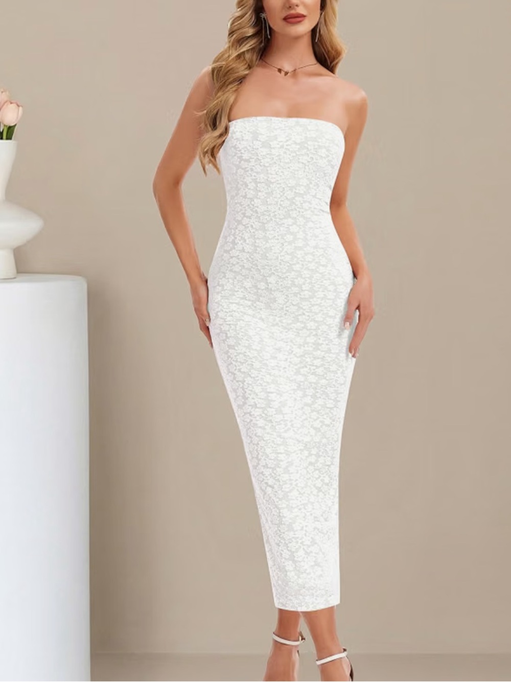White Strapless Lace Beach Wedding Dress Midi Bridal Shower Dress